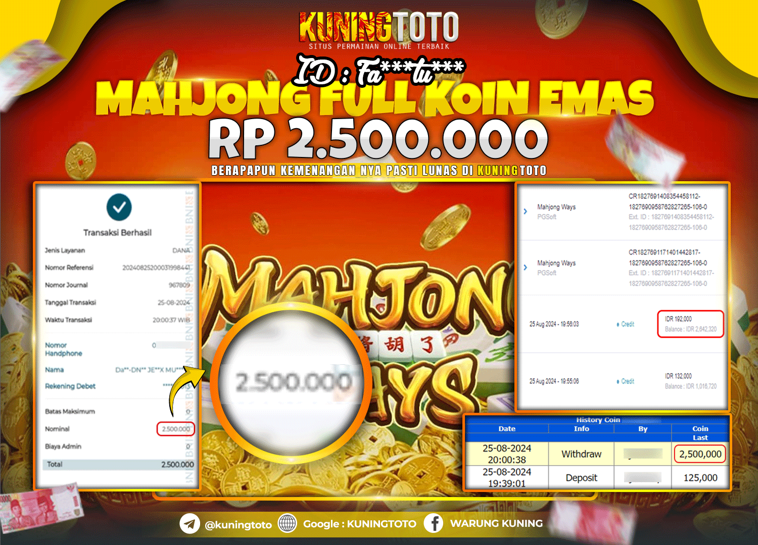 Bukti JP Slot Pgsoft Kuning toto 25 August 2024 Mahjong Ways