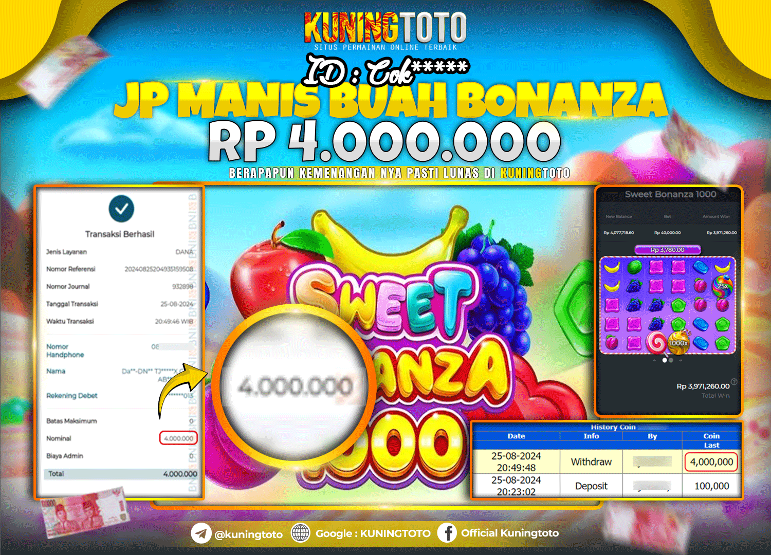 Bukti JP Slot Kuning toto 25 Agustus 2024 Sweet Bonanza 1000