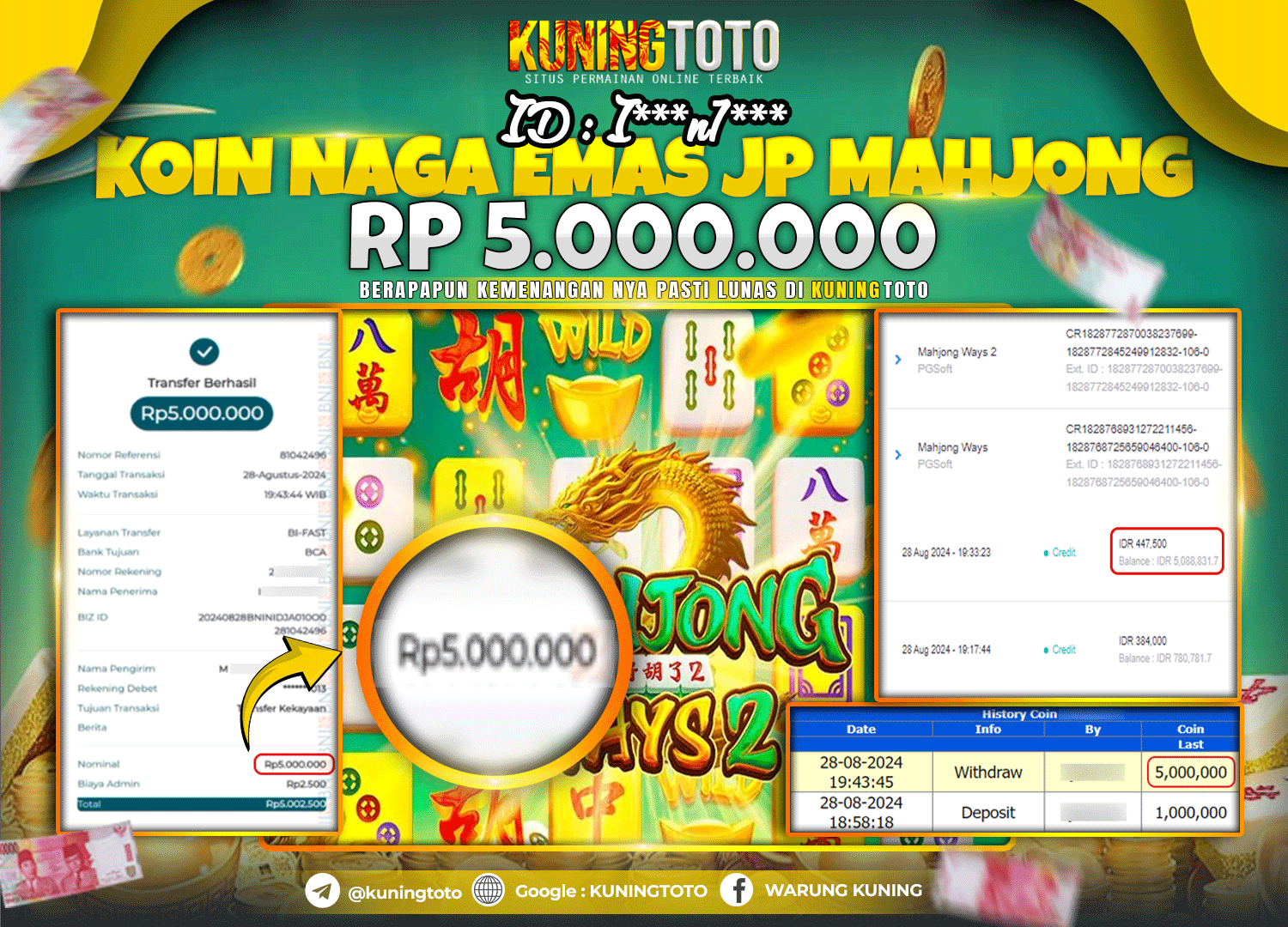 Bukti JP Slot Pgsoft Kuning toto 28 August 2024 Mahjong Ways 2