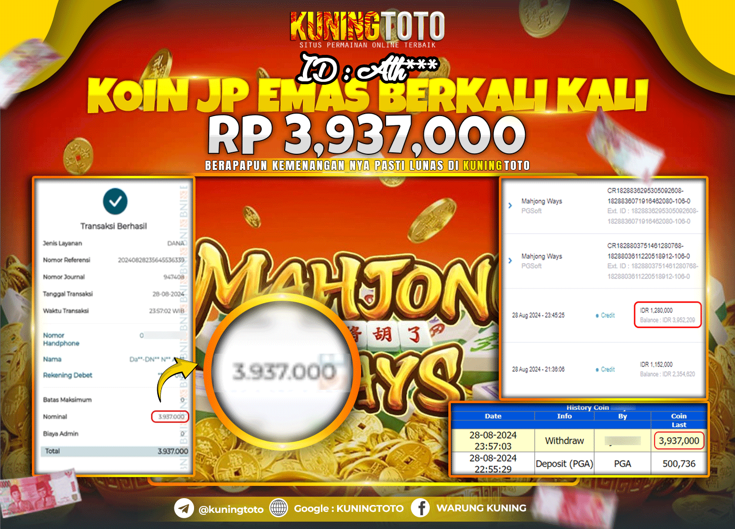 Bukti JP Slot Pgsoft Kuning toto 28 August 2024 Mahjong Ways 