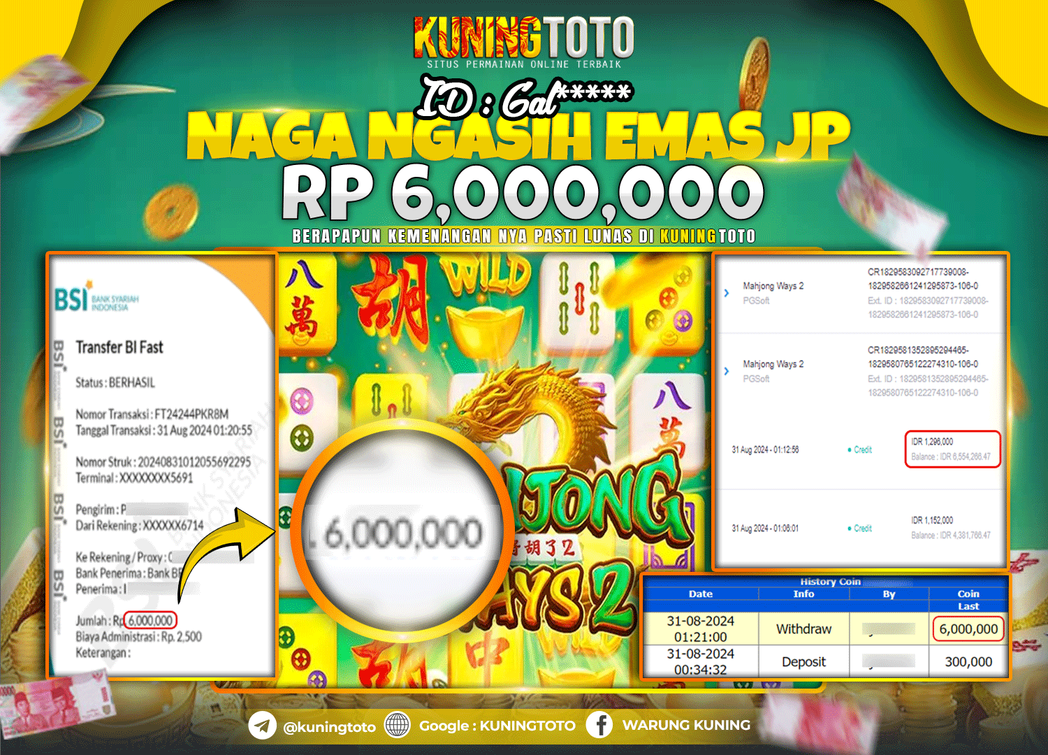 Bukti JP Slot Pgsoft Kuning toto 31 August 2024 Mahjong Ways