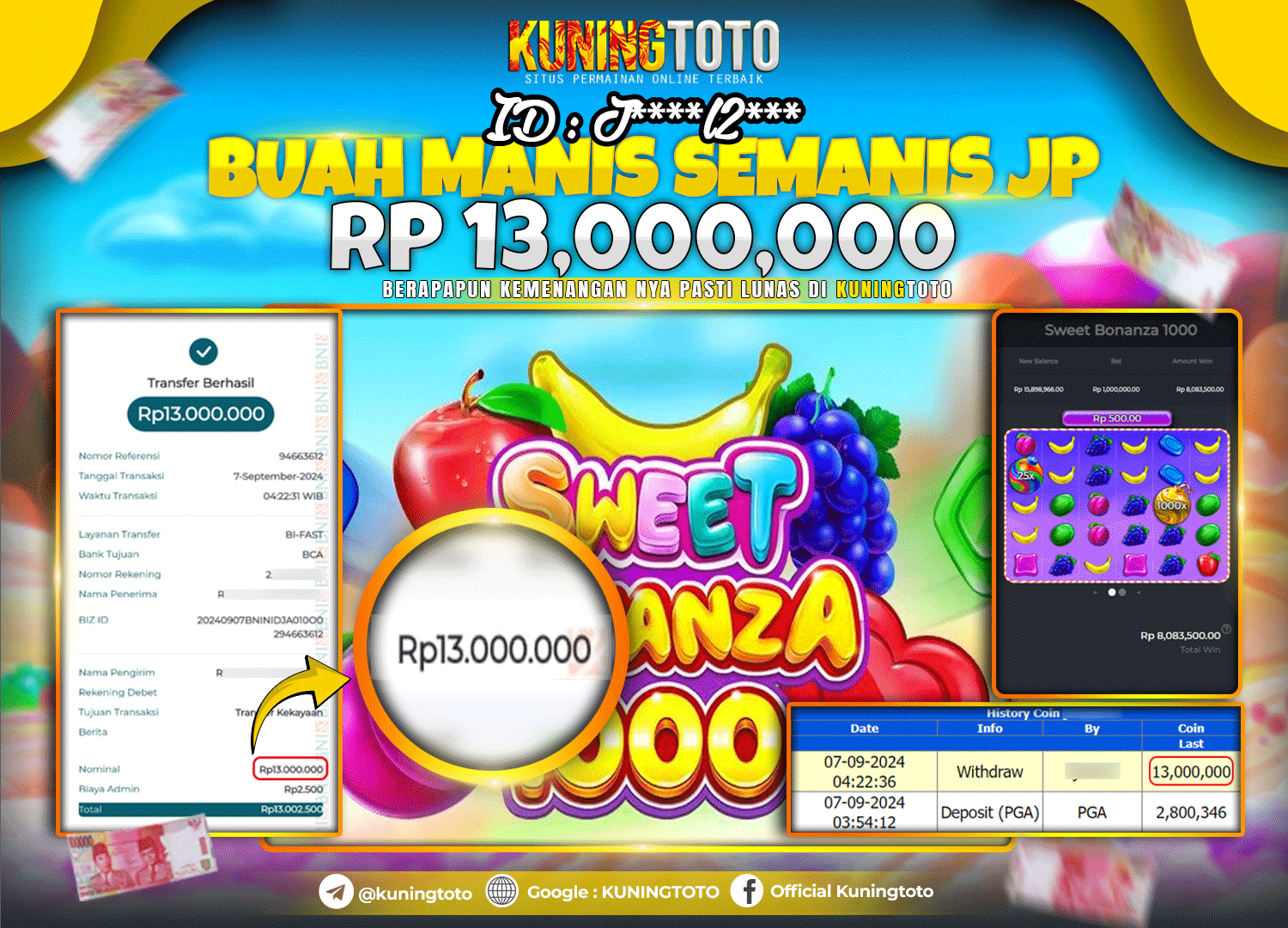 Bukti JP Slot Kuning toto 07 September 2024 Sweet Bonanza x1000