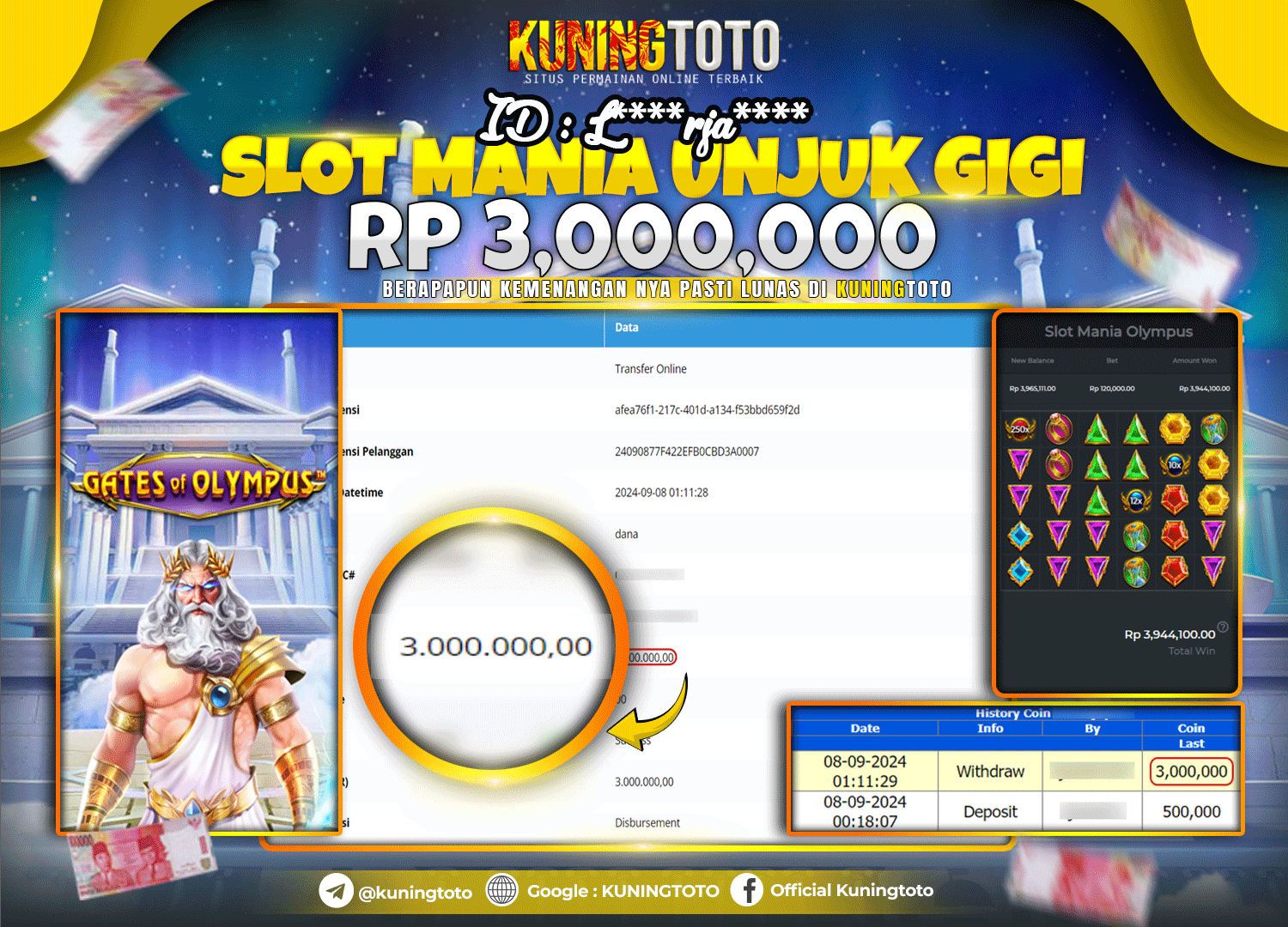 Bukti JP Slot Kuning toto 08 September 2024 Gate of Olympus Slot Mania