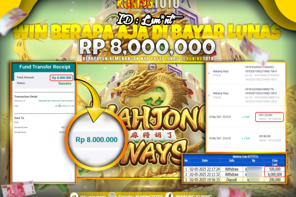 Bukti Kemenangan Slot KuningToto 02 Mei 2025 Slot Mahjong Ways