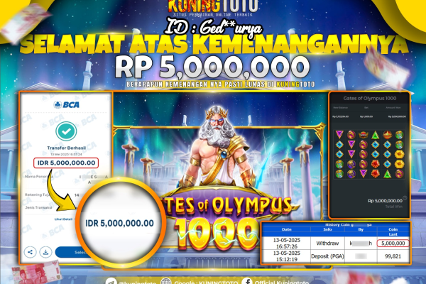 Bukti Kemenangan Slot KuningToto 13 Mei 2025 Slot Gates Of Olympus 1000