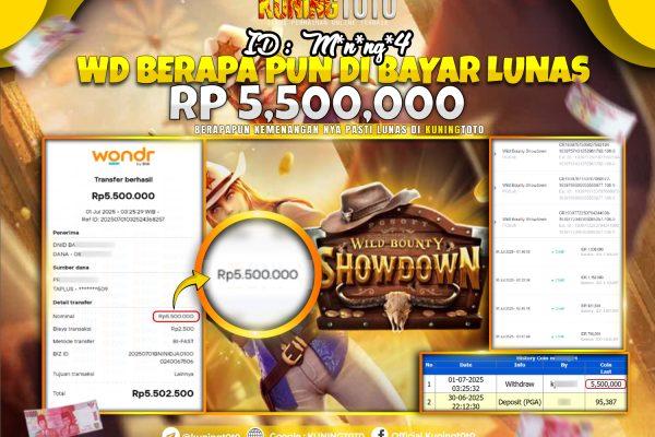 Bukti Kemenangan Slot KuningToto 01 Juli 2025 Slot Wild Bounty Showdown
