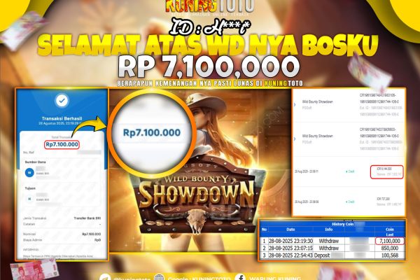 Bukti Kemenangan Slot KuningToto 28 Agustus 2025 Slot Wild Bounty Showdown
