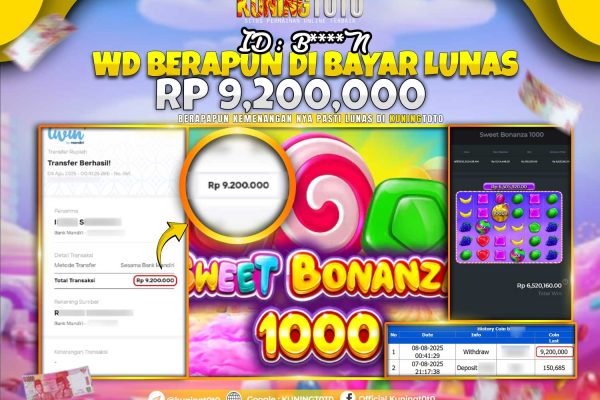 Bukti Kemenangan Slot KuningToto 08 Agustus 2025 Slot Sweet Bonanza 1000