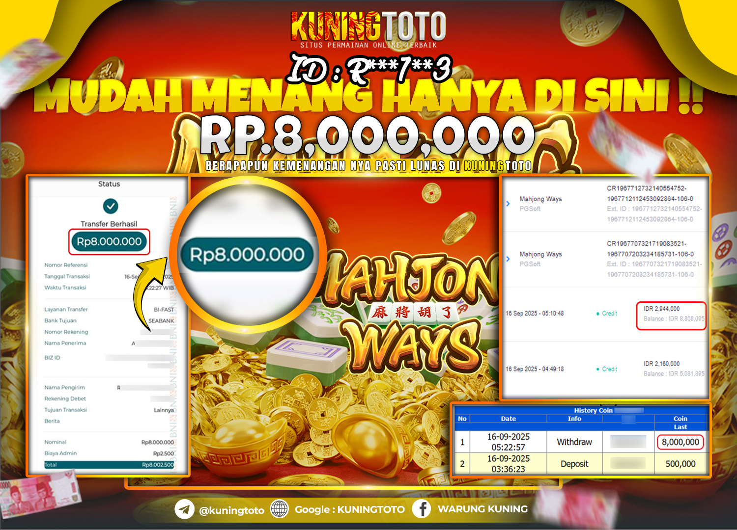 Bukti Kemenangan Slot KuningToto 16 September 2025 Slot Mahjong Ways