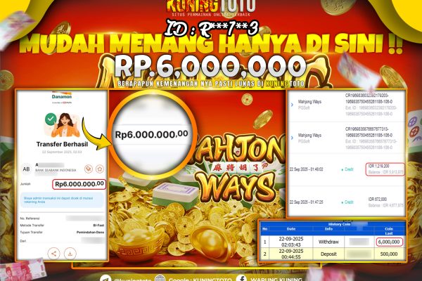 Bukti Kemenangan Slot KuningToto 22 September 2025 Slot Mahjong Ways