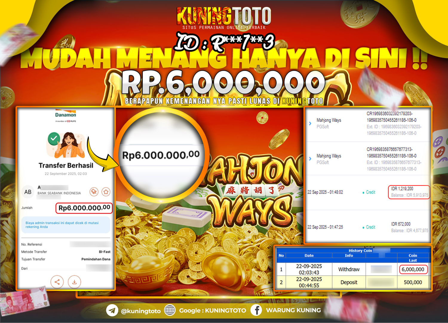 Bukti Kemenangan Slot KuningToto 22 September 2025 Slot Mahjong Ways