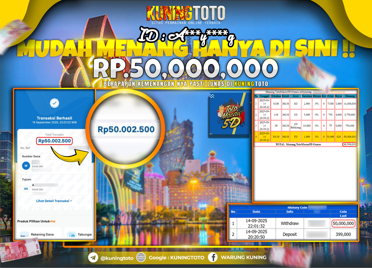Bukti Kemenangan Togel KuningToto 14 September 2025 Pasaran Toto Macau 5D