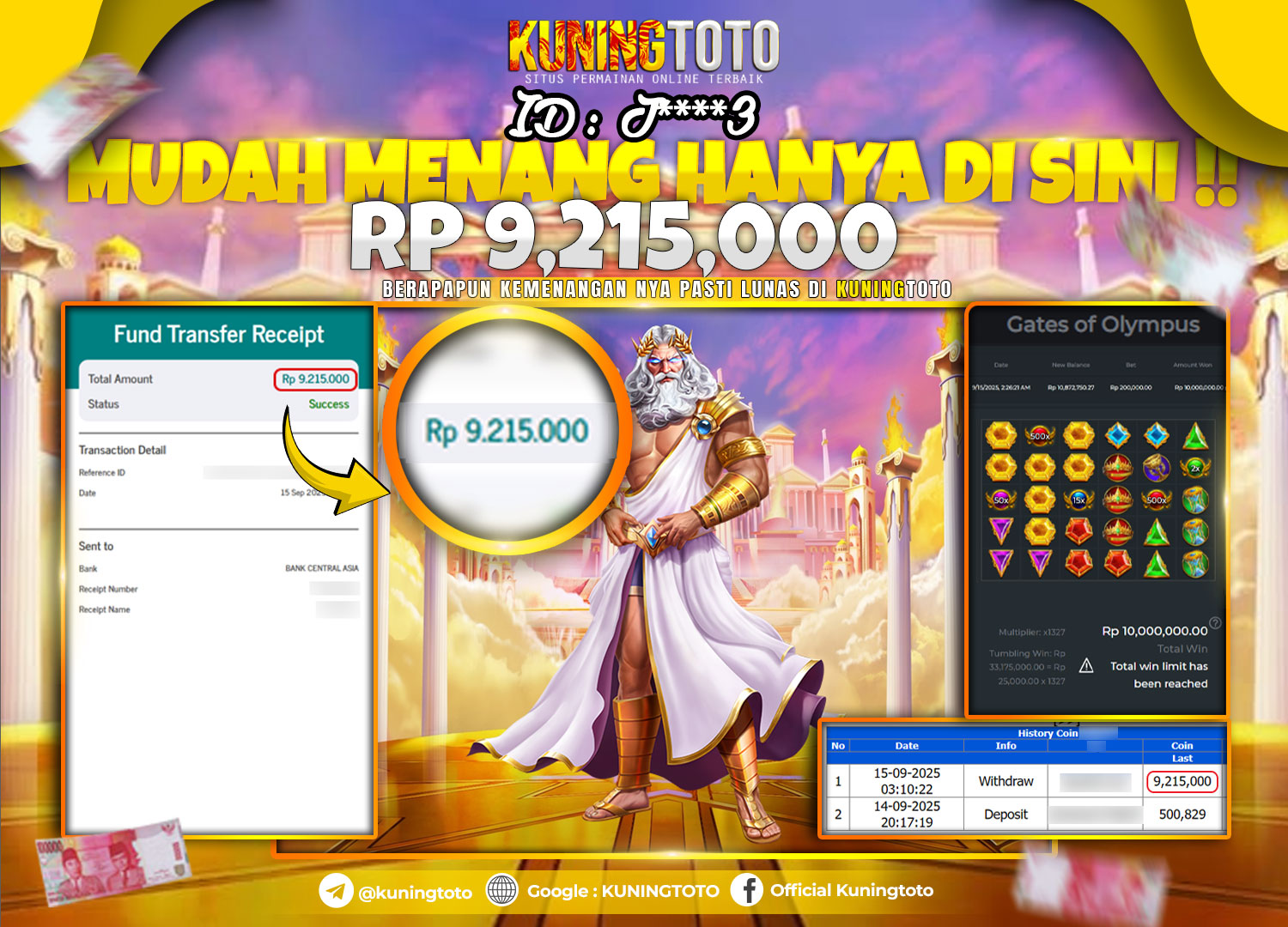 Bukti Kemenangan Slot KuningToto 15 September 2025 Gates Of Olympus