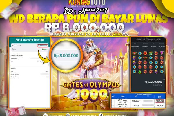 Bukti Kemenangan Slot KuningToto 23 September 2025 Slot Gates Of Olympus 1000
