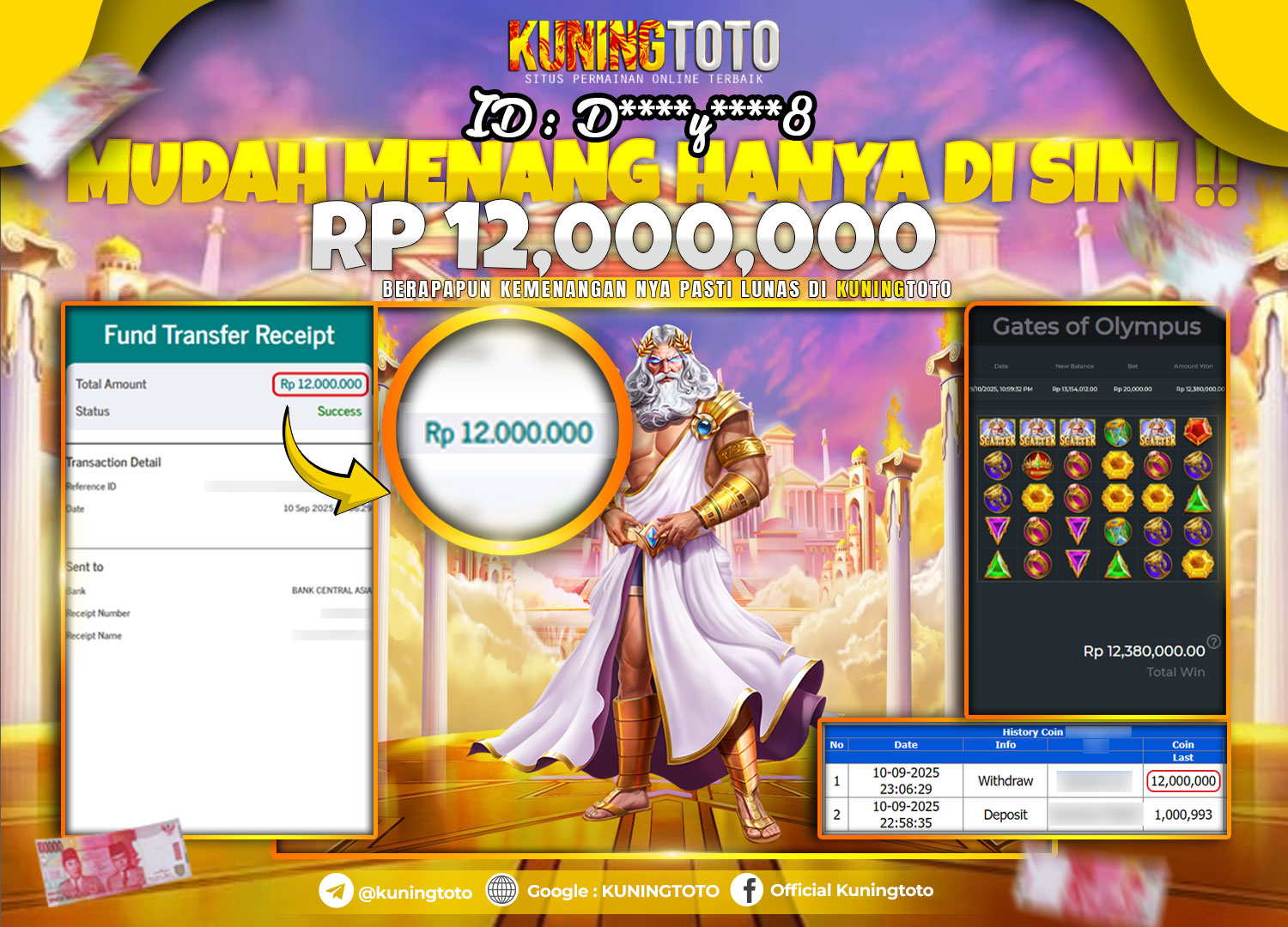 Bukti Kemenangan Slot KuningToto 10 September 2025 Slot Gates Of Olympus