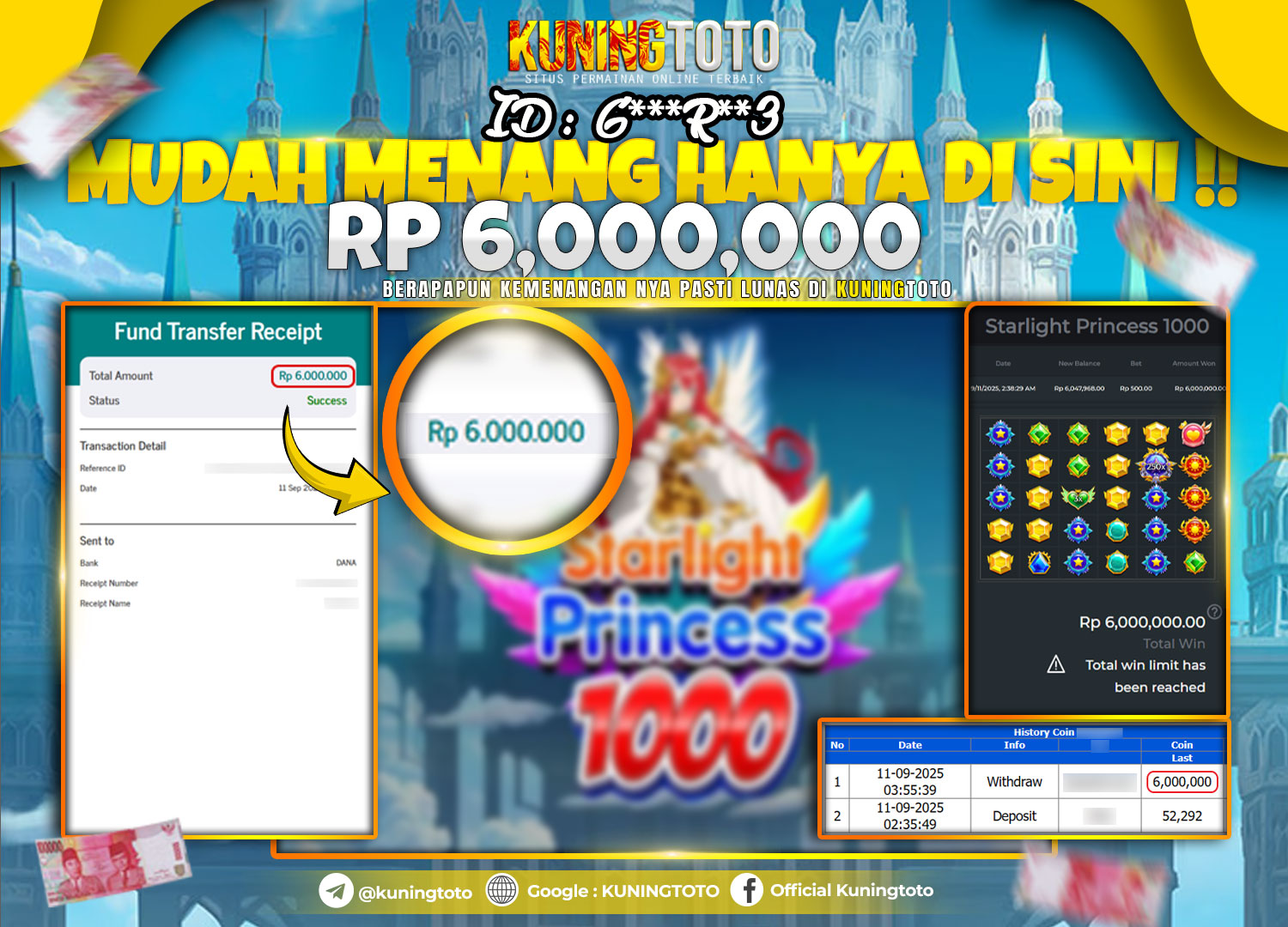 Bukti Kemenangan Slot KuningToto 11 September 2025 Slot Starlight Princess 1000