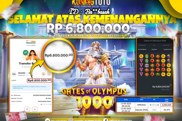 Bukti Kemenangan Slot KuningToto 13 September 2025 Slot Gates Of Olympus 1000
