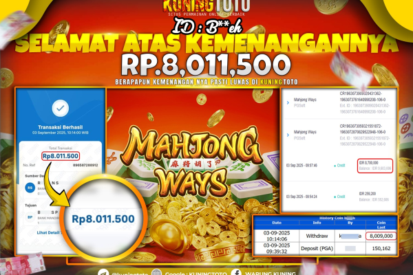 Bukti Kemenangan Slot KuningToto 03 September 2025 Slot Mahjong Ways