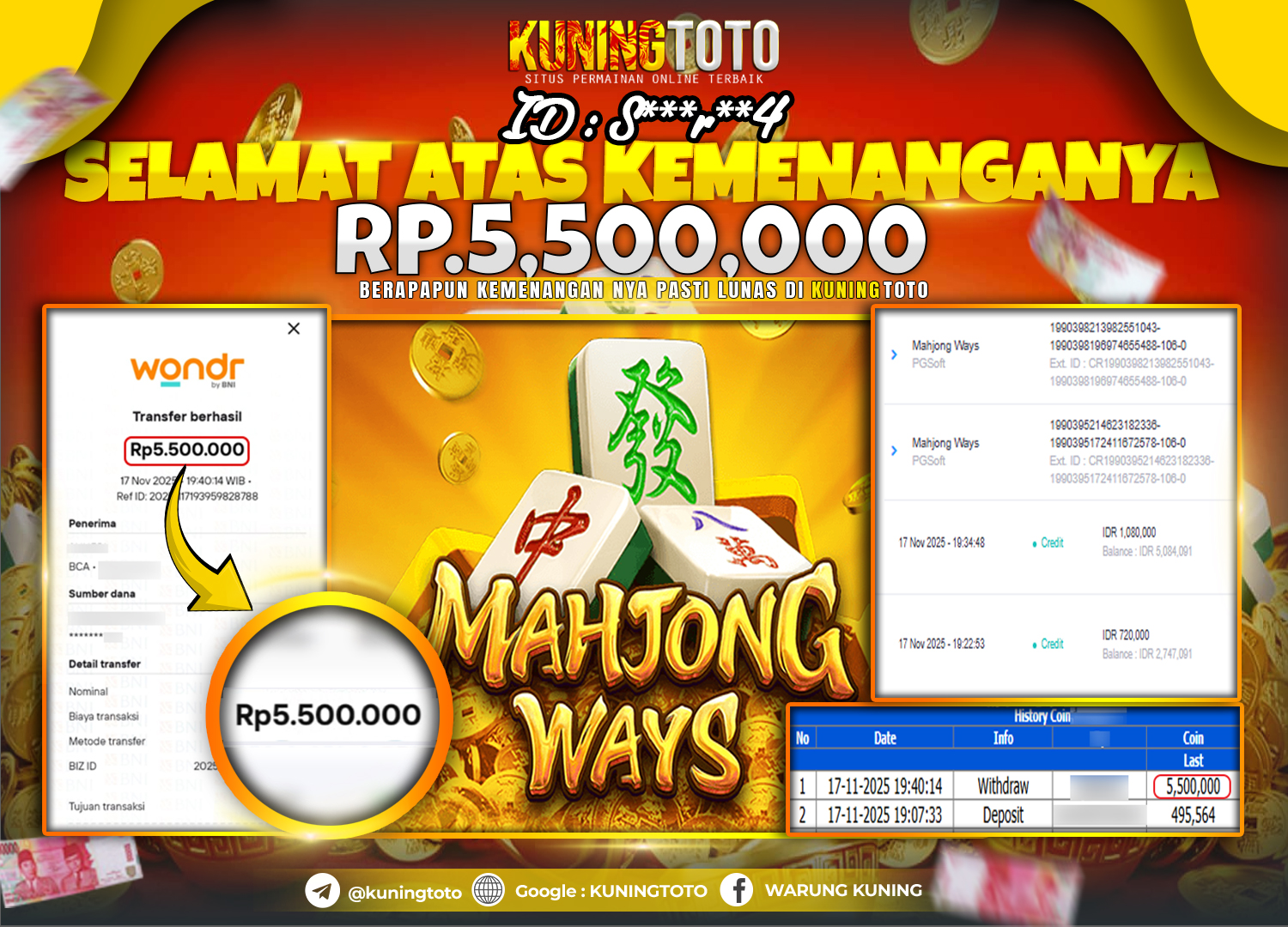 Bukti Kemenangan Slot KuningToto 17 November 2025 Slot Mahjong Ways