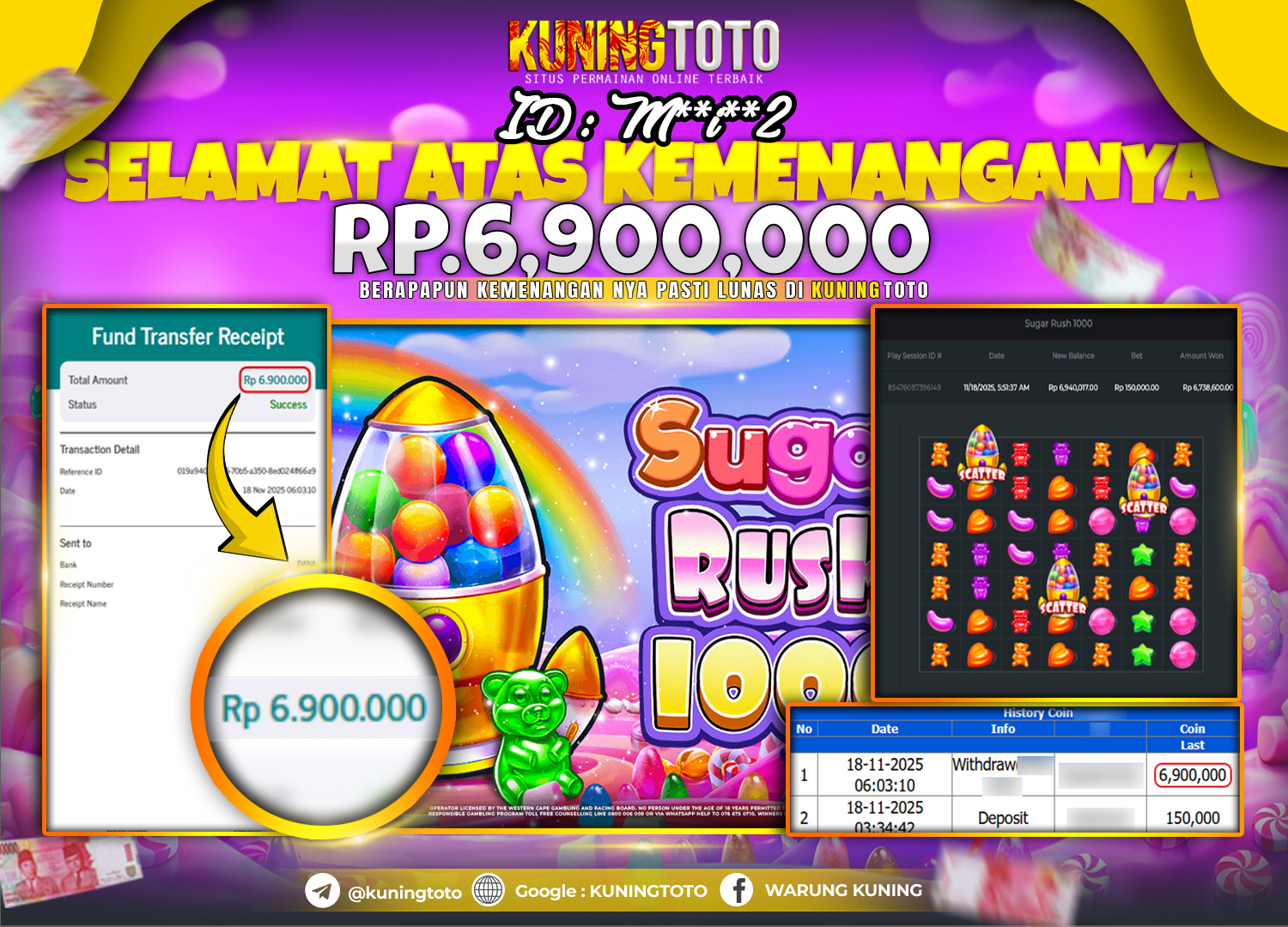 Bukti Kemenangan Slot KuningToto 18 November 2025 Slot Sugar Rush 1000