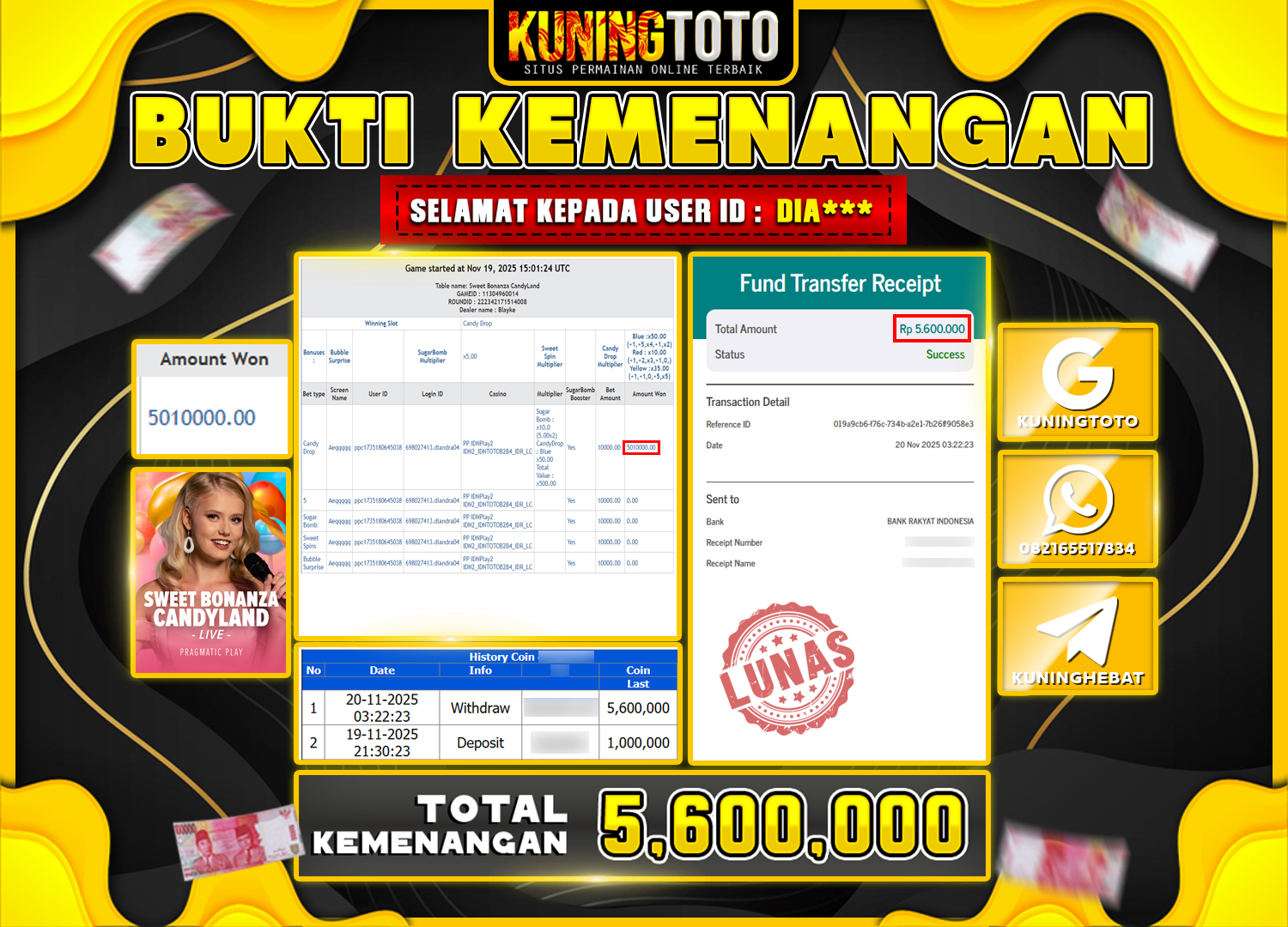 Bukti Kemenangan Slot KuningToto 20 November 2025 Sweet Bonanza Candyland