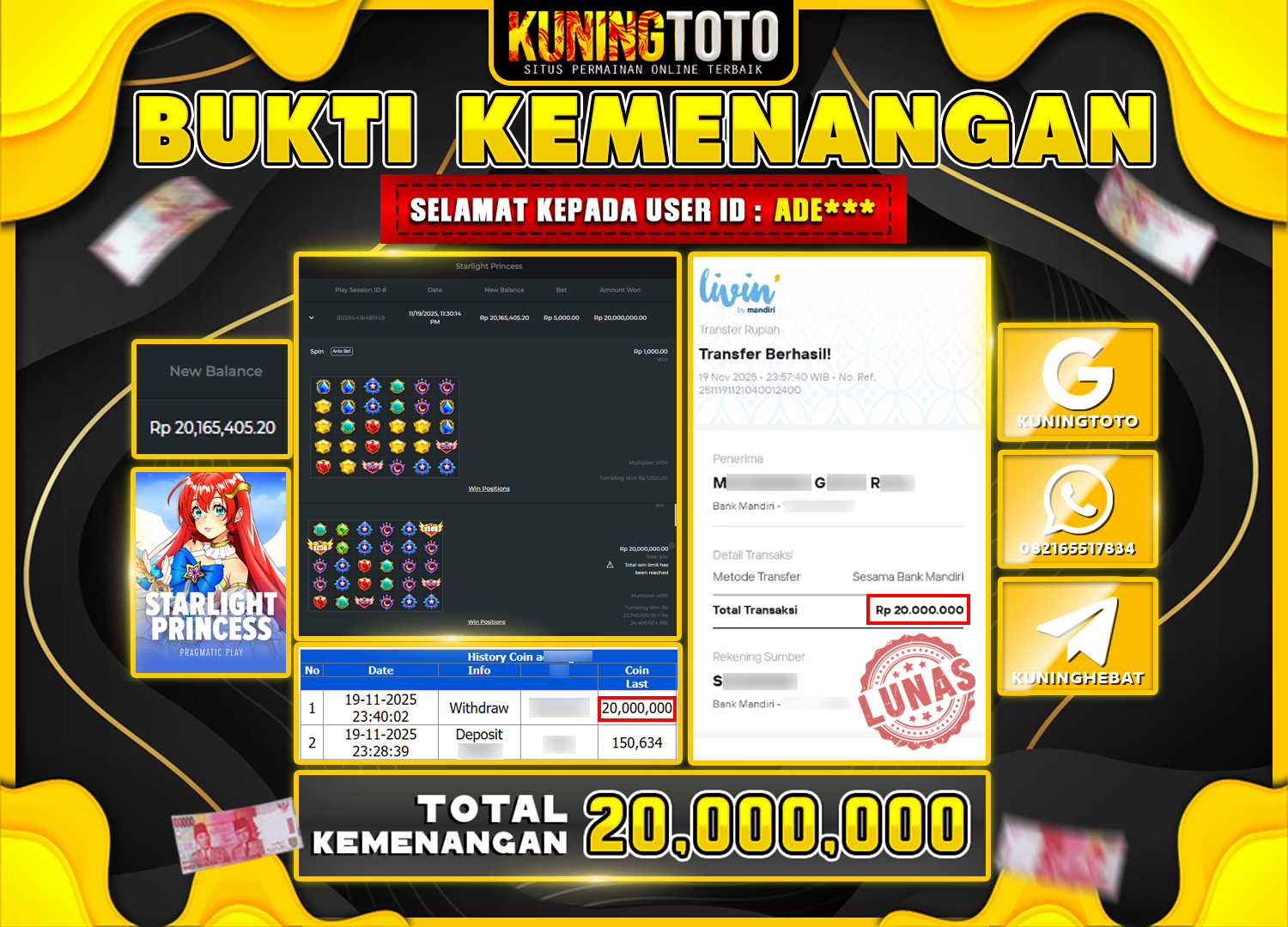 Bukti Kemenangan Slot KuningToto 19 November 2025 Slot Starlight Princess