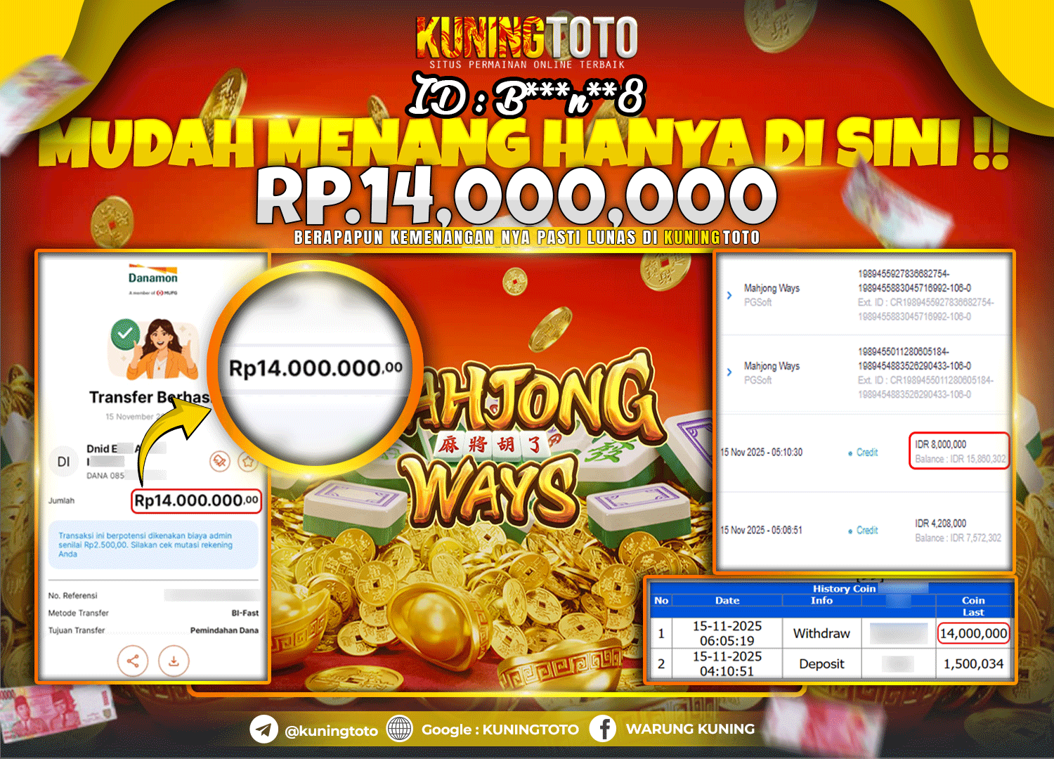 Bukti Kemenangan Slot KuningToto 15 November 2025 Slot Mahjong Ways