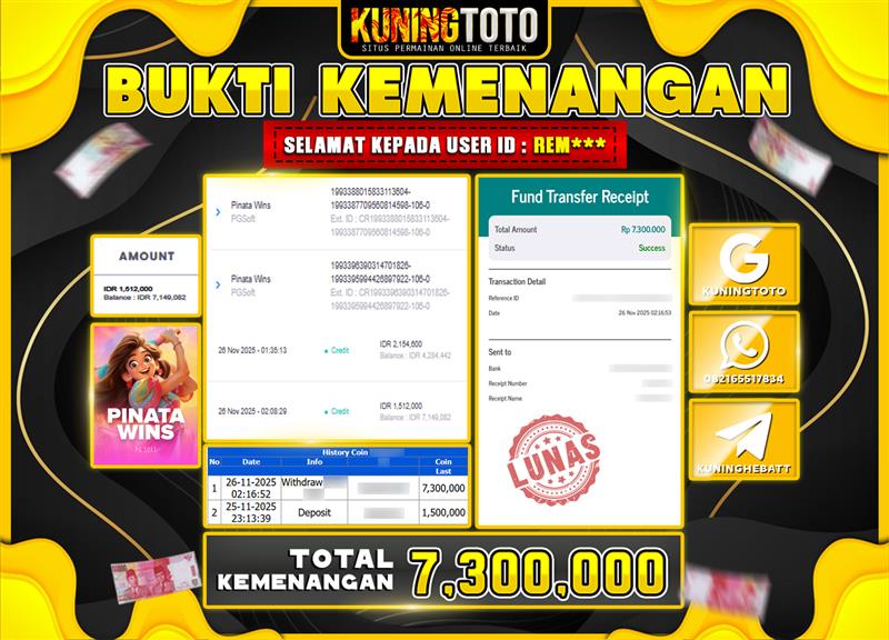 Bukti Kemenangan Slot KuningToto 26 November 2025 Slot Pinata Wins
