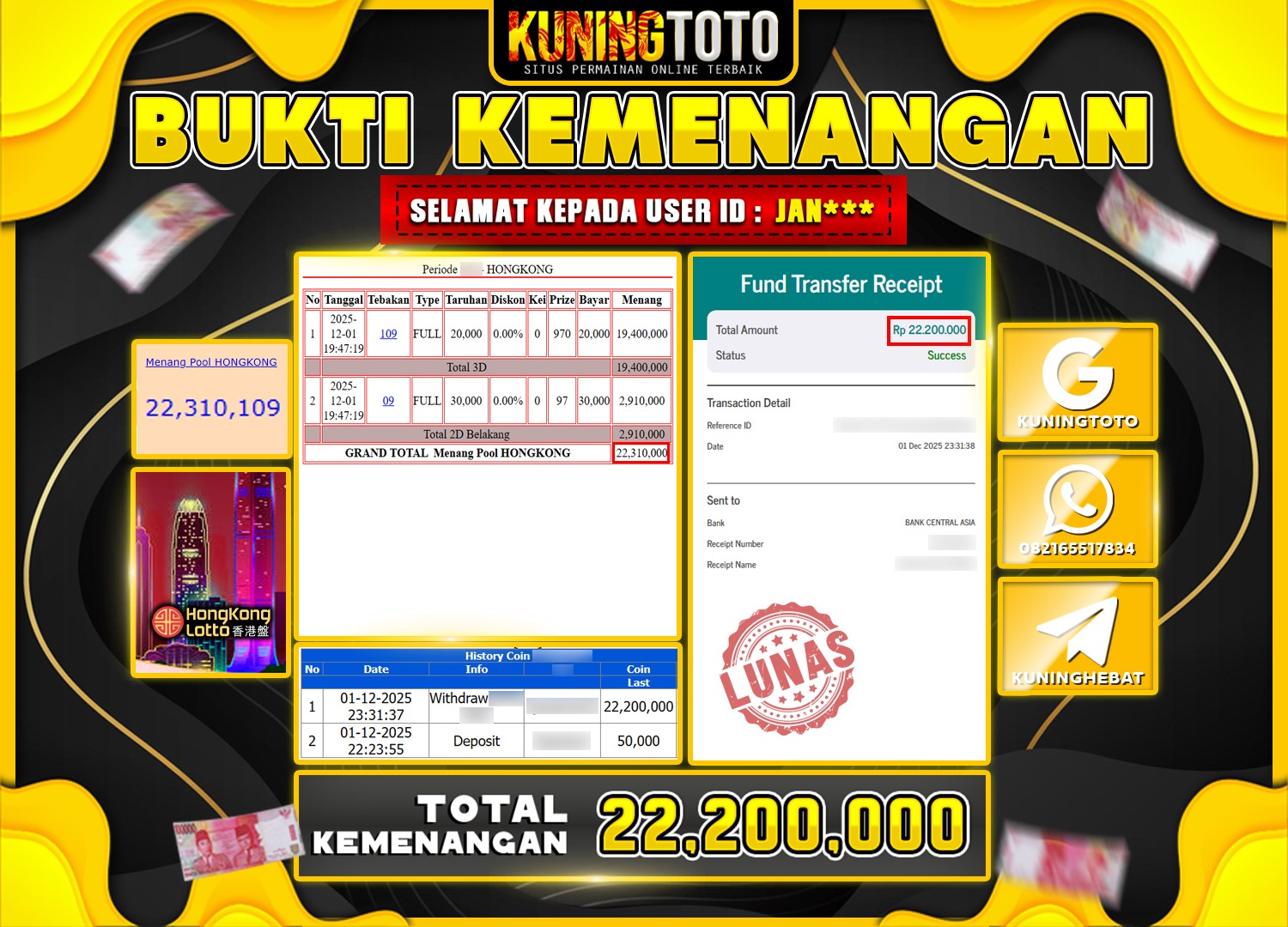 Bukti Kemenangan Togel KuningToto 01 Desember 2025 Pasaran Hongkong